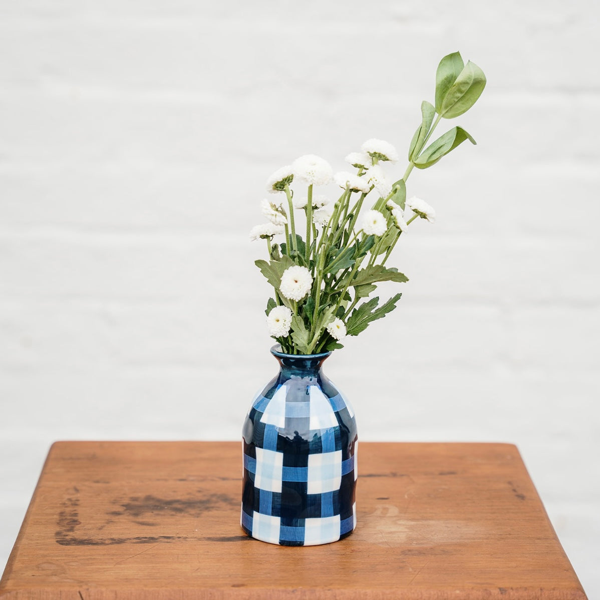 Ceramic Bud Vase - Navy & Cornflower Gingham | Noss and Co Australia