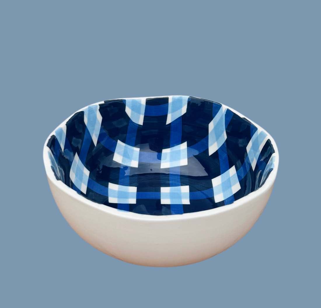 Navy and Cornflower Gingham Medium Ceramic Bowl