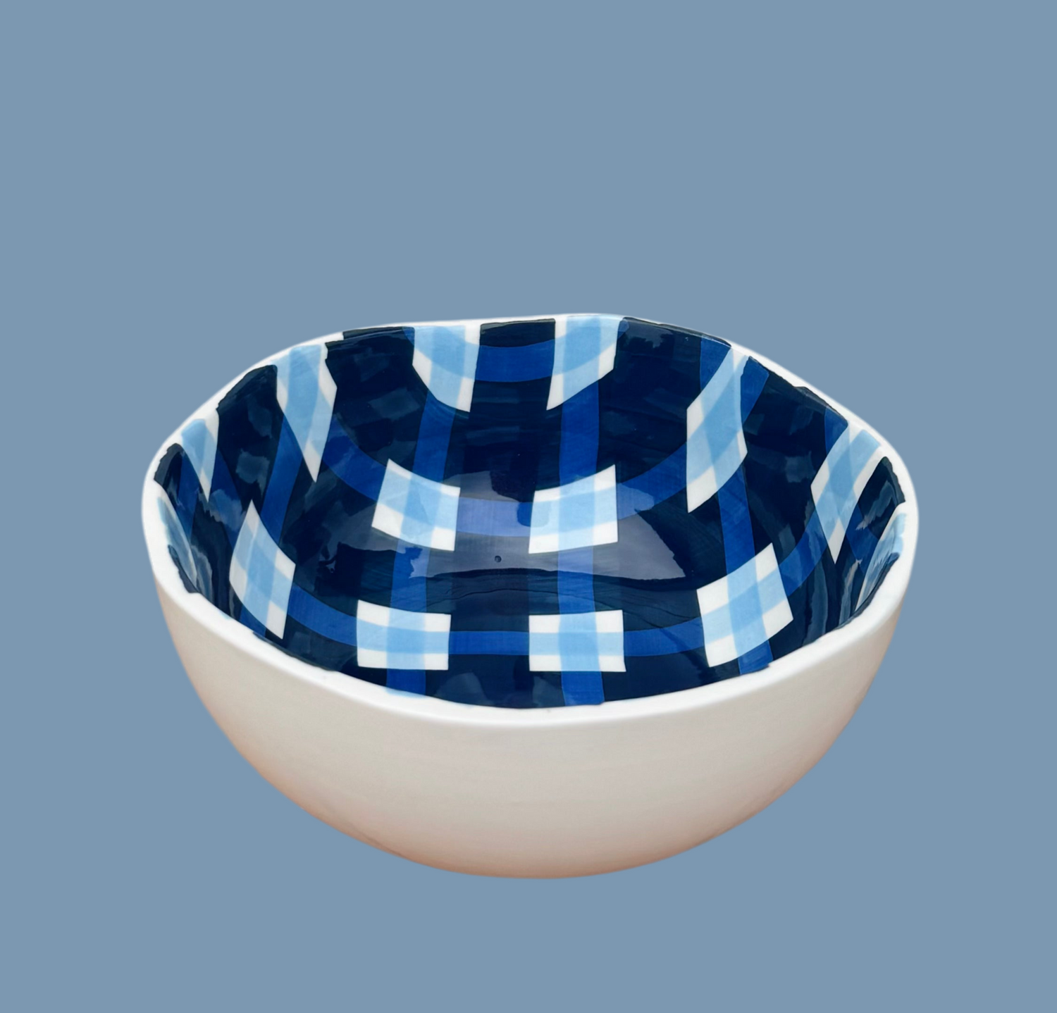 Navy and Cornflower Gingham Medium Ceramic Bowl