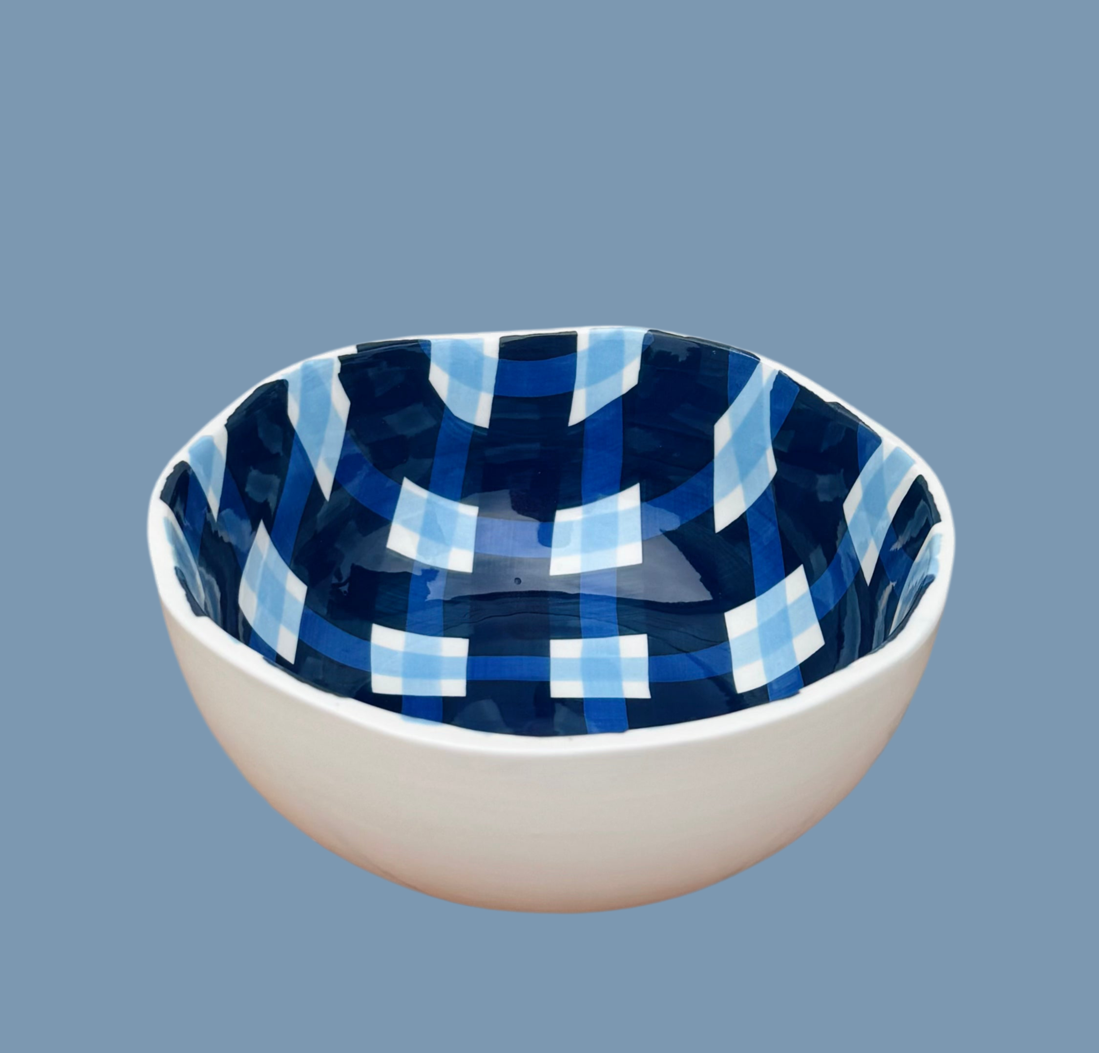 Navy and Cornflower Gingham Medium Ceramic Bowl