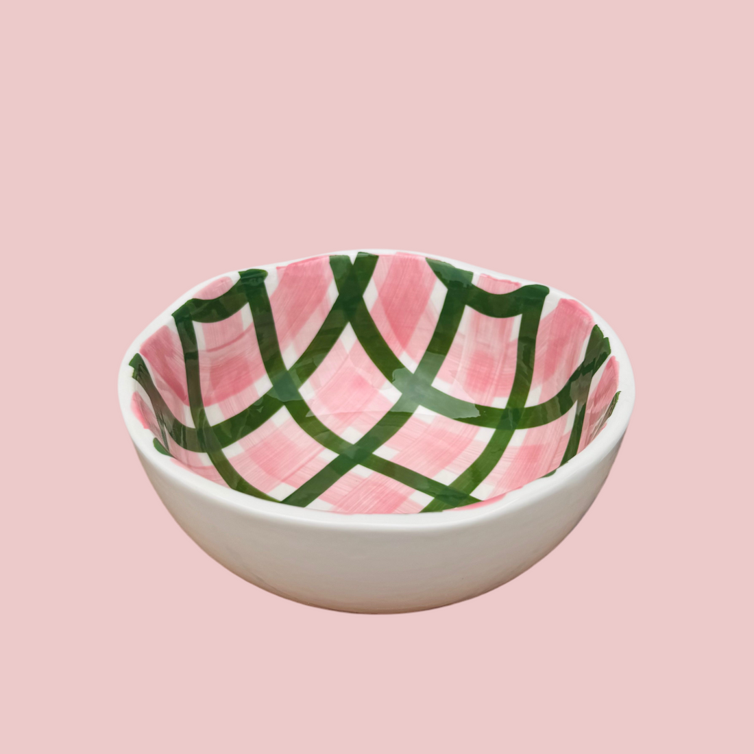 Dark Green and Pink Gingham Medium Ceramic Bowl