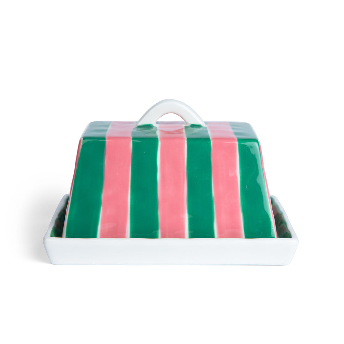Large Butter Dish - Pink &amp; Green Stripe