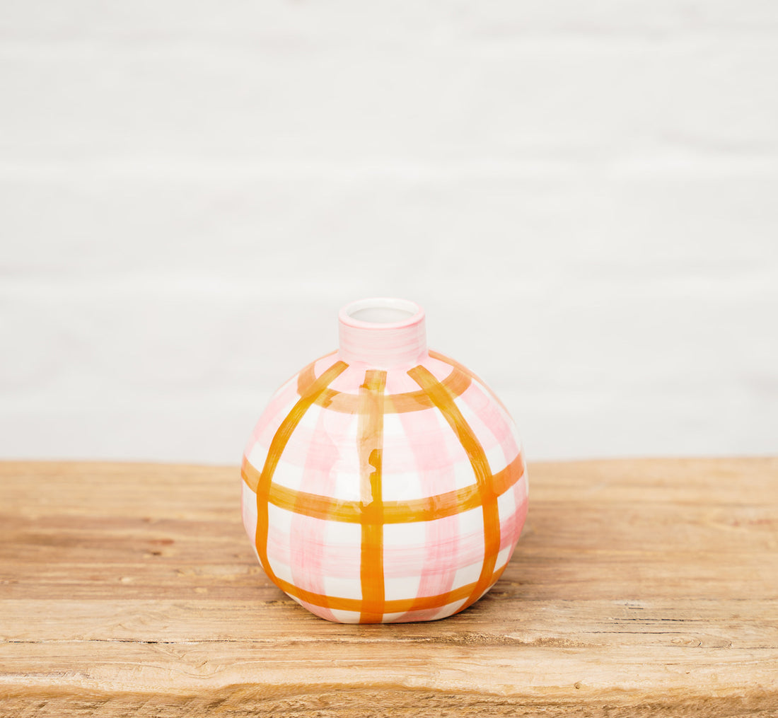 Ceramic Handpainted Round Bud Vase - Pink &amp; Orange Gingham