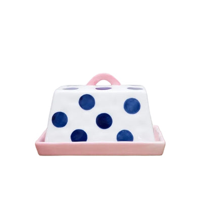 butter dish and keeper in navy dots with pink handle